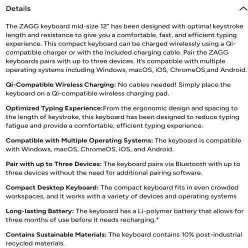 Other Computer Accessory Zagg  ZAGG Pro Keyboard 12 inch-Charcoal-UK (wireless charging on mat)