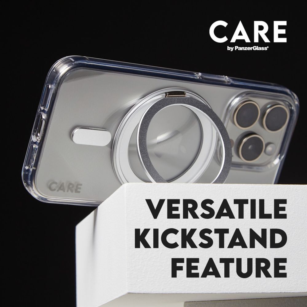 Tagakaaned PanzerGlass  CARE Feature case with Silver Kickstand MagSafe iPhone 16, Transparent