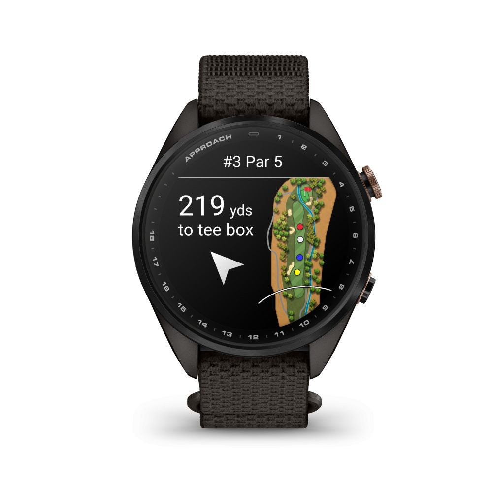 Nutikell Garmin  Approach S72 – 43 mm
Carbon Gray/Heritage Bronze DLC Titanium Bezel with Pebble Grey ComfortFit Fabric Band
