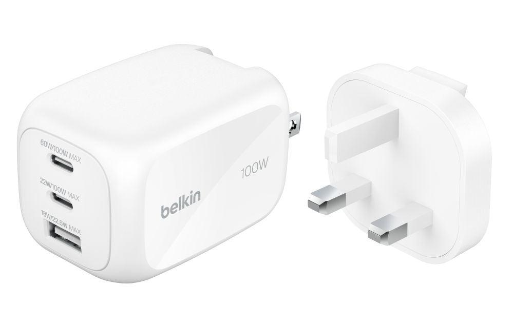 Adaptrid Belkin  BOOSTCHARGE 100w 2C1A Wall Charger with interchangable plug tips UK, EU, US White