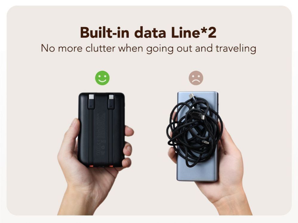 Väline aku Veger  Powerbank Veger C11 (W1170) PD QC3.0 2A 22,5W 10000 mAh with built-in cables USB C / Lightning black