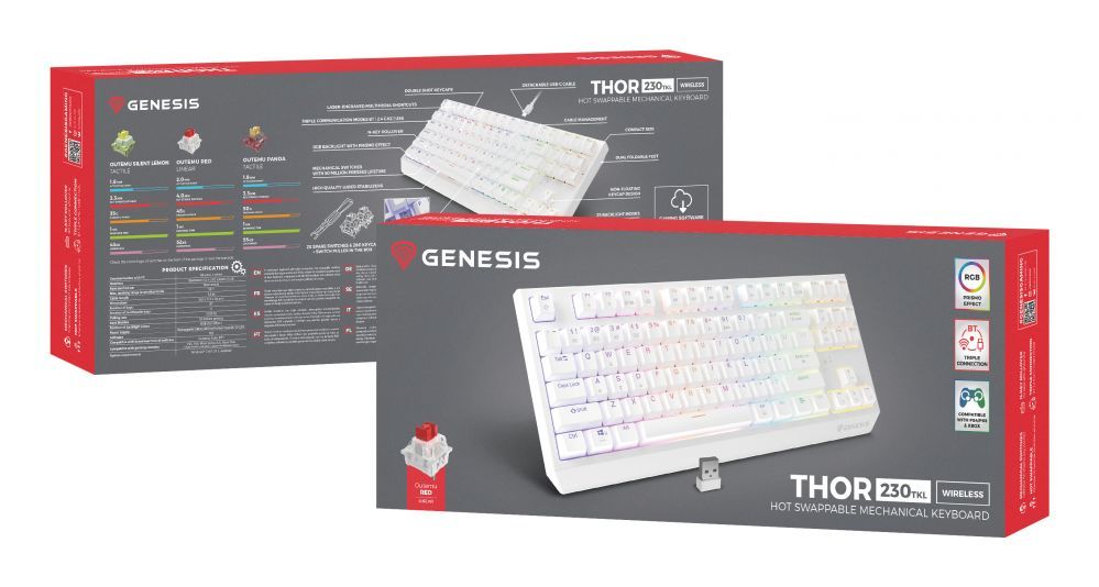 Компьютерная клавиатура Genesis  THOR 230 | Mechanical Gaming Keyboard | Wireless | US | White | 2.4 GHz, Bluetooth, USB | Outemu Red