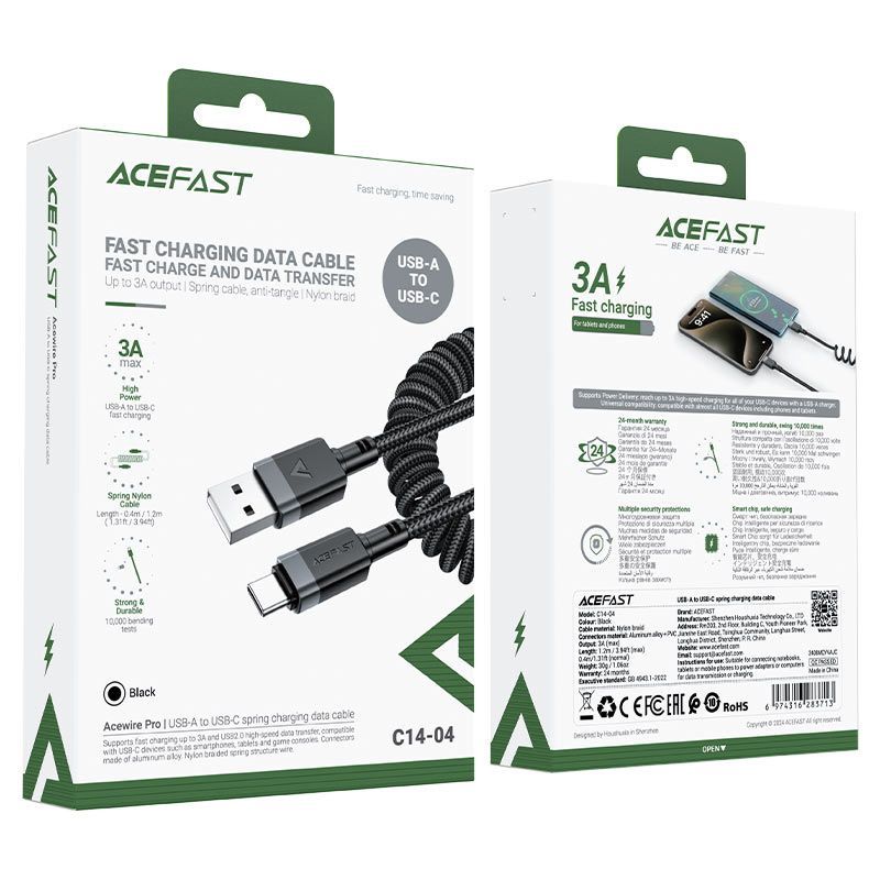 Cable Acefast  C14-04 USB-A - USB-C Cable Spring 480Mb/s 3A 1.2m spring charging data cable Black