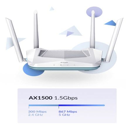 Ruuterid D-link  AX1500 Smart Router R15	 802.11ax, 1200+300  Mbit/s, 10/100/1000 Mbit/s, Ethernet LAN (RJ-45) ports 3, Mesh Support Yes, MU-MiMO Yes, Antenna type 4xExternal