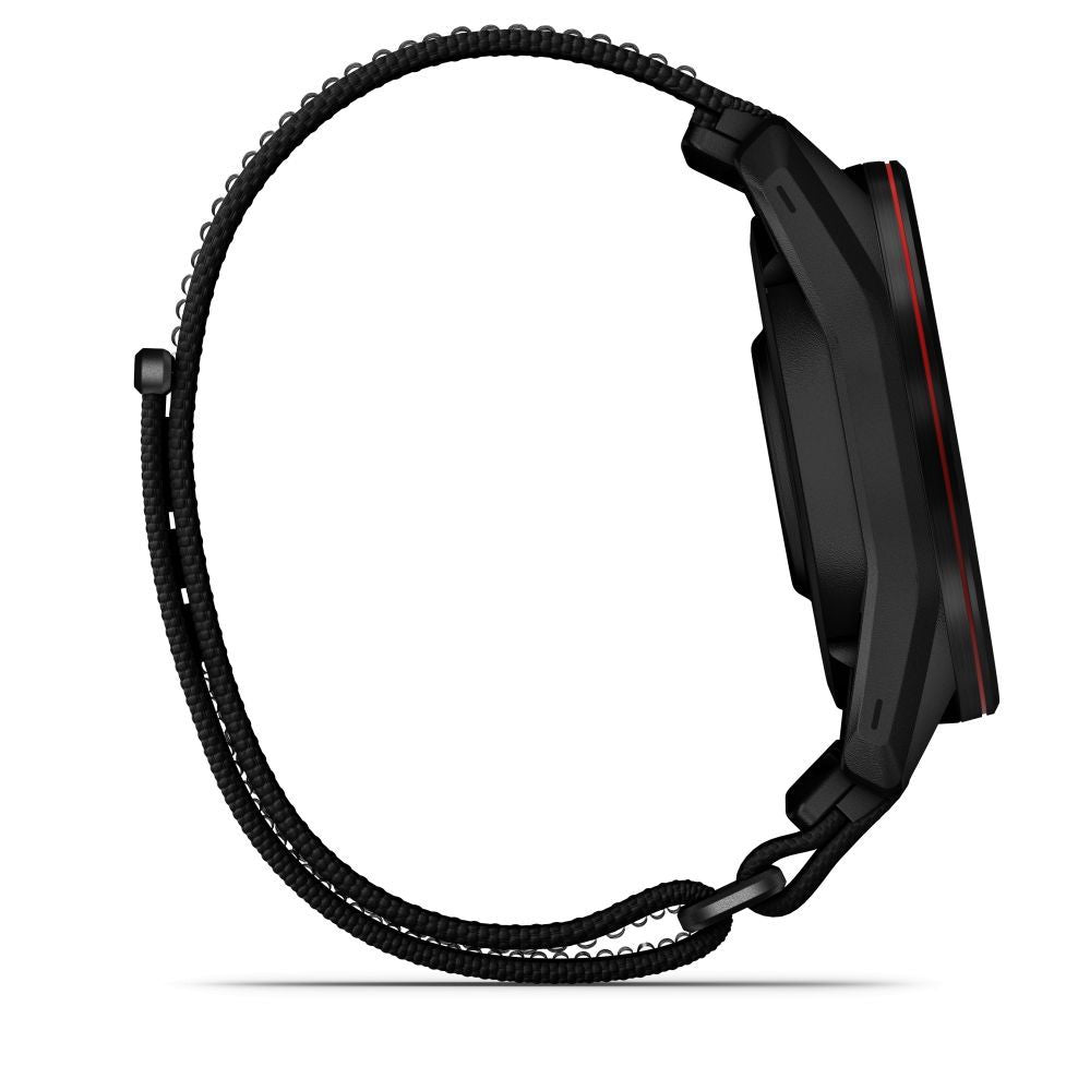 Nutikell Garmin  Approach S72 – 47 mm
Carbon Gray/Red DLC Titanium Bezel with Black ComfortFit Fabric Band