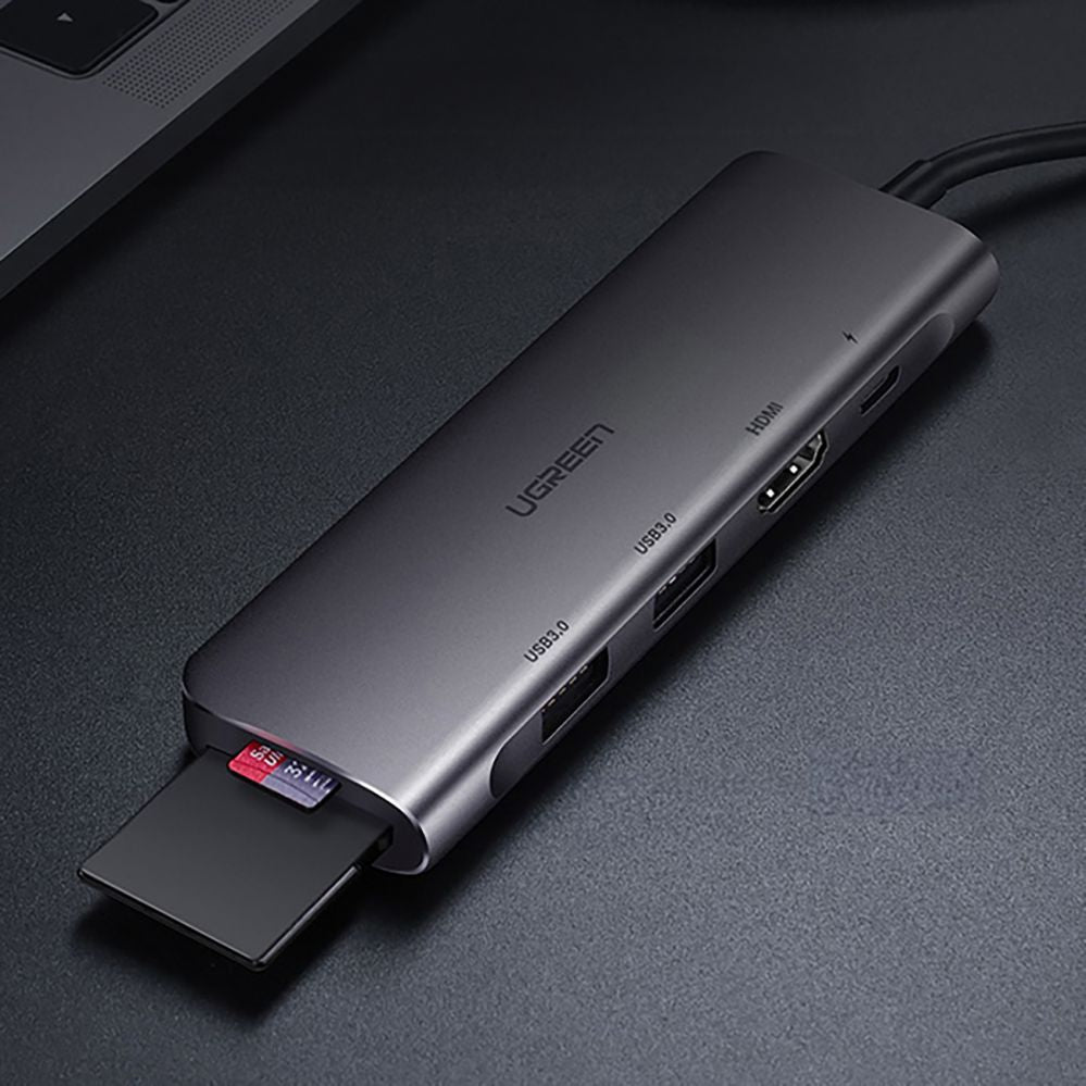 Kaabel Ugreen  Ugreen CM195 6in1 adapter USB-C - HDMI / 2x USB-A 3.0 / USB-C PD / SD / TF reader - gray