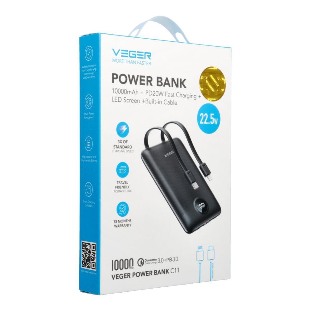 Väline aku Veger  Powerbank Veger C11 (W1170) PD QC3.0 2A 22,5W 10000 mAh with built-in cables USB C / Lightning black