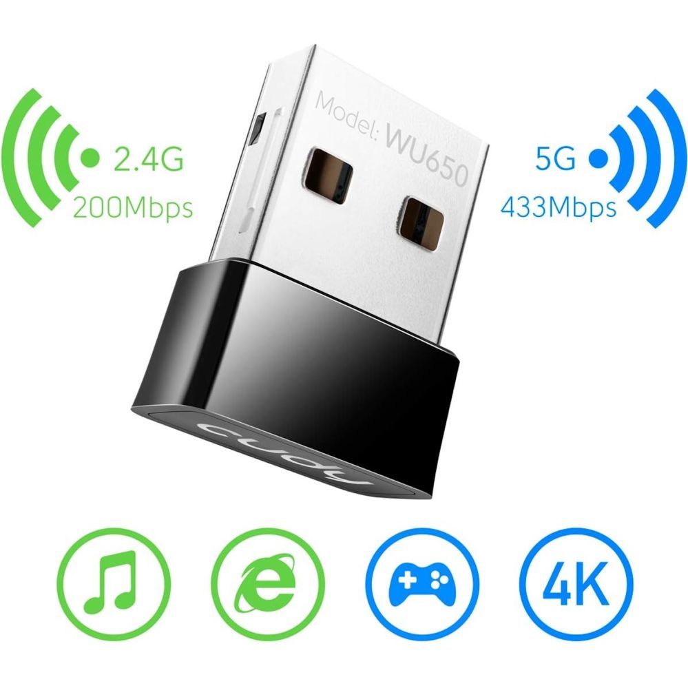Ruuterid Cudy  WU650 AirNano AC650 Dual Band WiFi USB Adapter Nano Size USB 2.0 Plug and Play Black