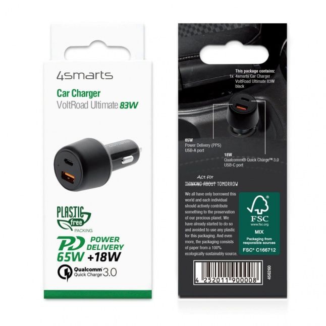 Авто зарядка 4smarts  Car Charger VoltRoad Ultimate 83W with PD and QC black