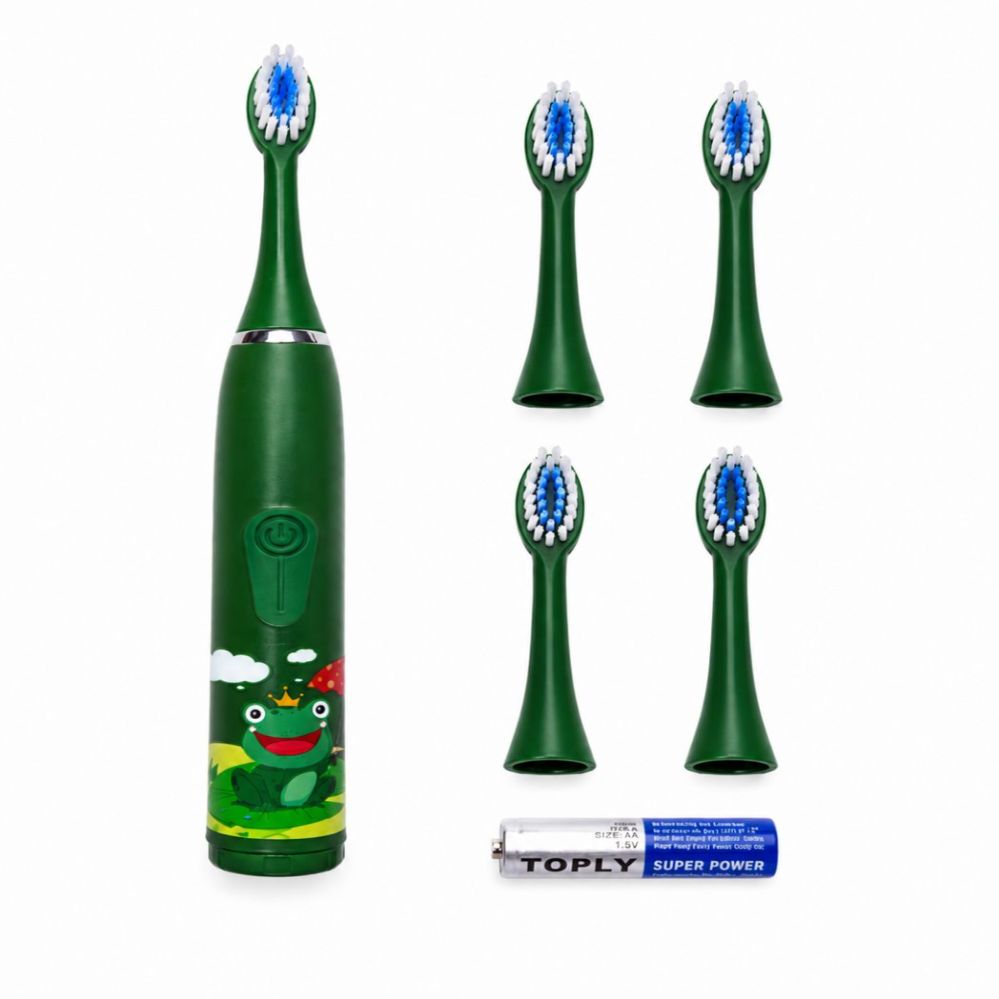 Зубная щётка iLike  Kids Sonic Electric Toothbrush, Waterproof, 5 Brush Heads (1+4 Replacement Heads), Battery Powered, Soft Bristles, Green Frog Design Green