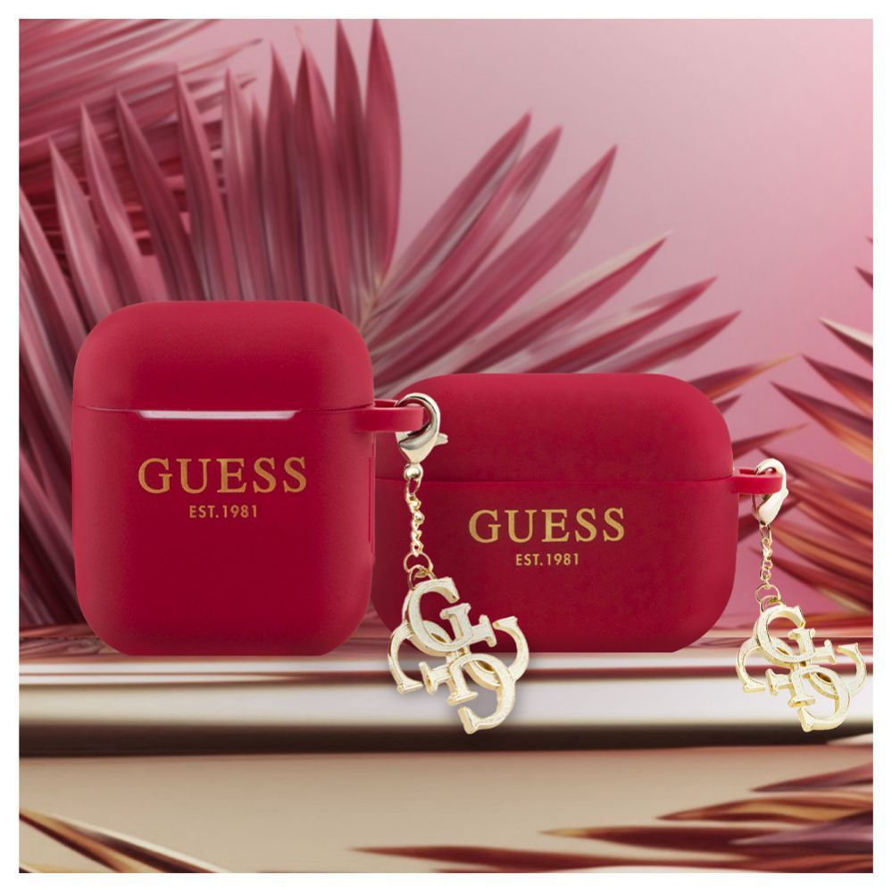 Чехол на заднюю панель Guess Apple Airpods 1/2 Case Silicone Classic Logo Gold With 4G Charm Magenta