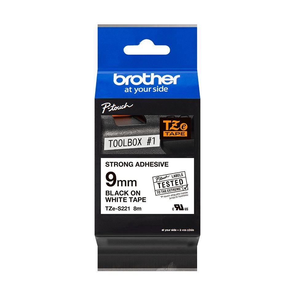 Аксессуары и расходные материалы Brother  TZe-S221 Strong Adhesive Laminated Tape Black on White, TZe, 8 m, 9 mm