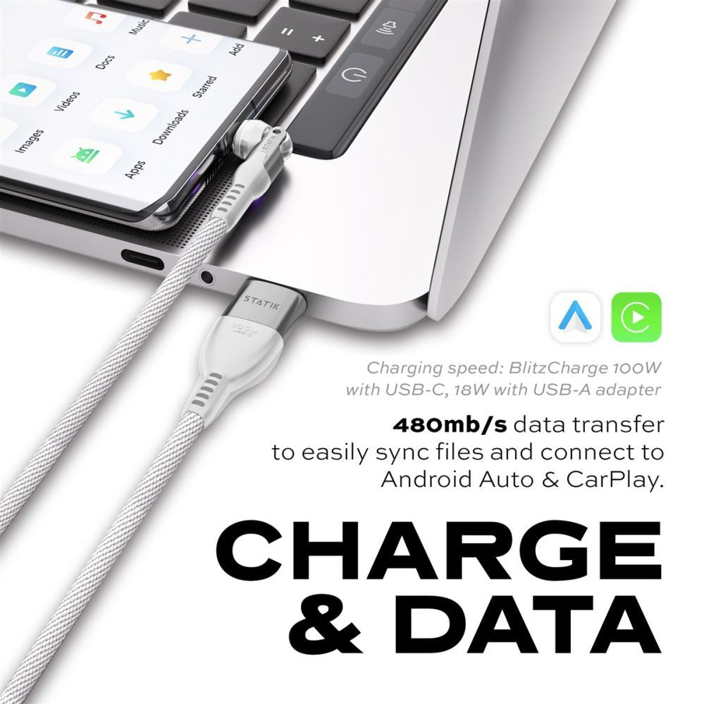 Кабель statik  STATIK PowerPivot Pro Nylon Braided Cabel, USB-C to USB-C, 3m, White