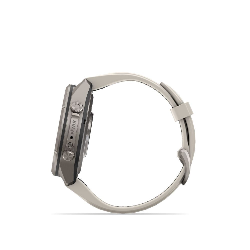 Nutikell Garmin  Fenix 9 Pro – 43mm
Titanium with Fog Grey/Dark Sandstone Silicone Band