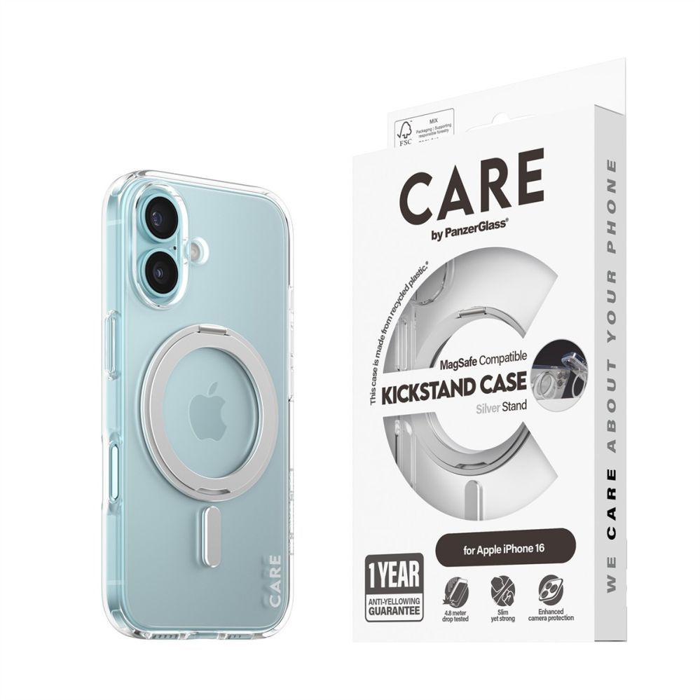 Tagakaaned PanzerGlass  CARE Feature case with Silver Kickstand MagSafe iPhone 16, Transparent
