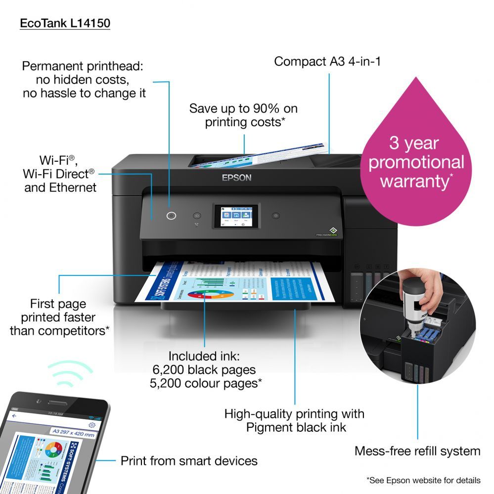 Принтер EPSON  EcoTank L14150 Colour, Inkjet, Multifunction Printer, A3+, Wi-Fi, Black