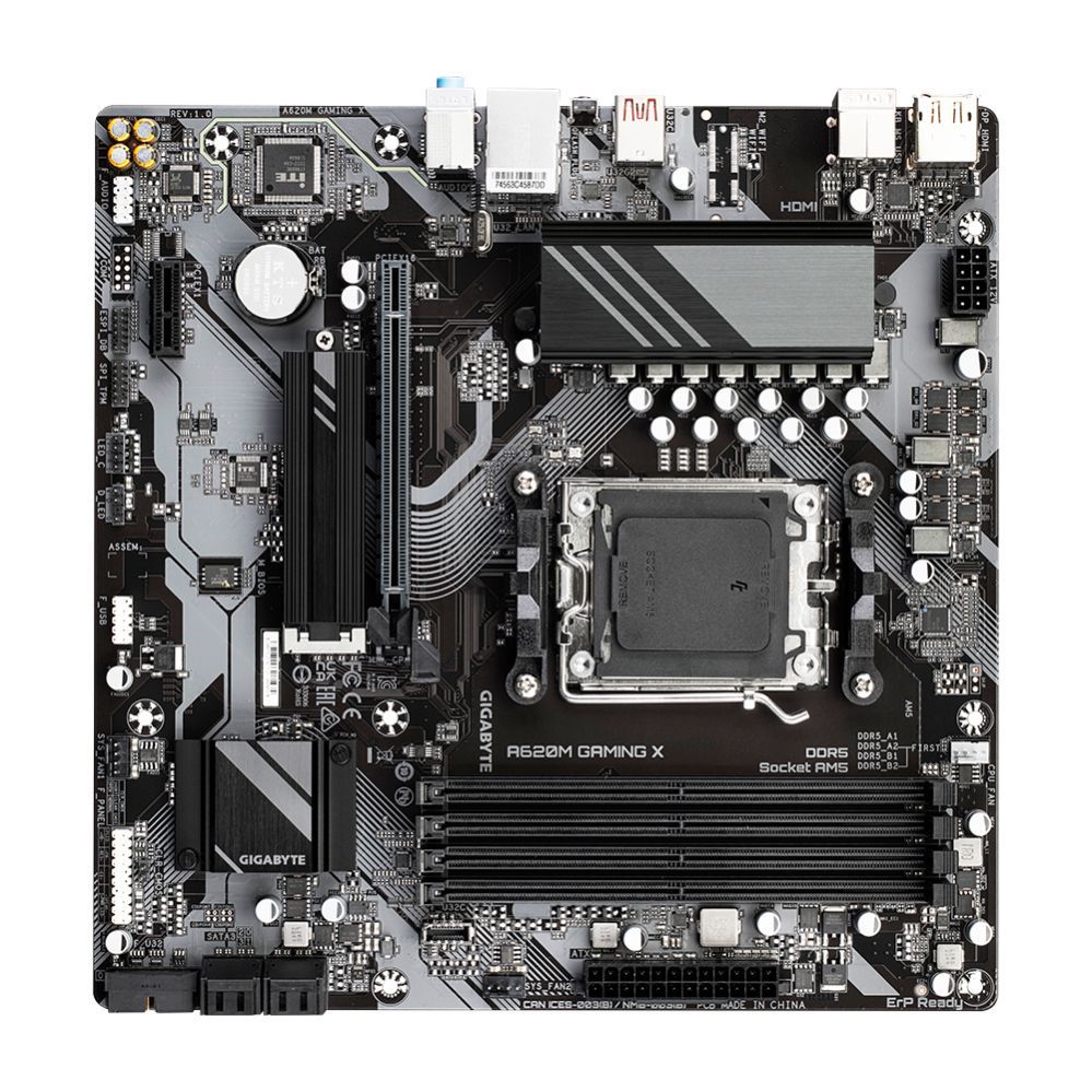Intel protsessori emaplaat Gigabyte  A620M GAMING XG10 Processor family AMD, Processor socket AM5, DDR5 DIMM, Memory slots 4, Supported hard disk drive interfaces 	SATA, M.2, Number of SATA connectors 4, Chipset AMD A620, Micro ATX