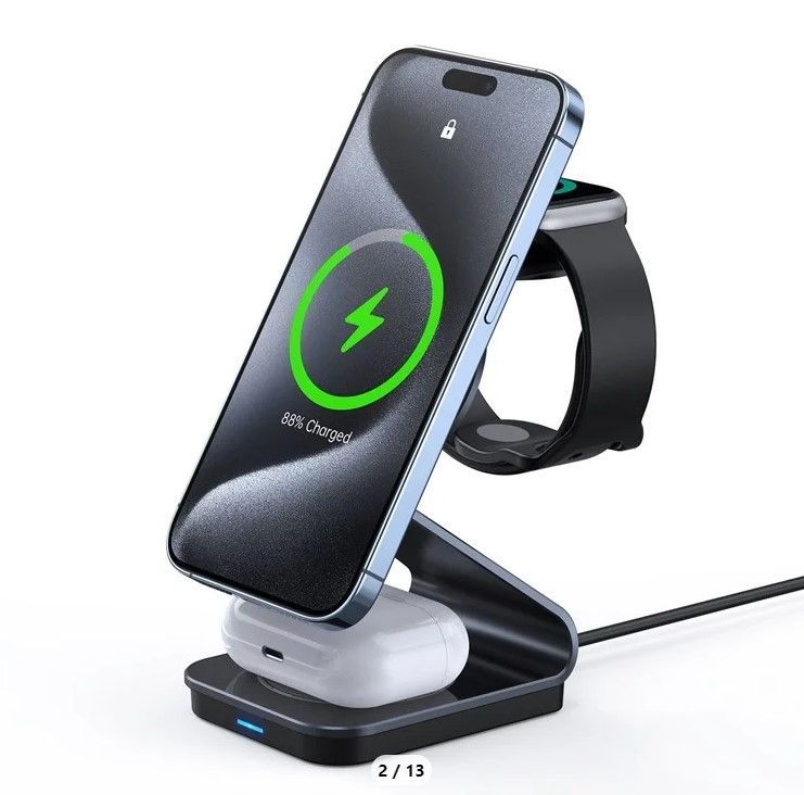 Juhtmeta laadija Duzzona  W21 3-in-1 15W Wireless Charging Stand Teléfono Auricador de Auriculares Cargador (certificado Qi2) Black