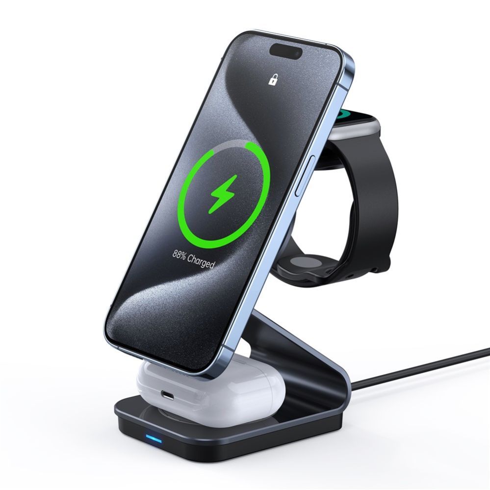 Juhtmeta laadija Duzzona  W21 3-in-1 15W Wireless Charging Stand Phone Earphone Watch Charger (Qi2 Certified) Transparent