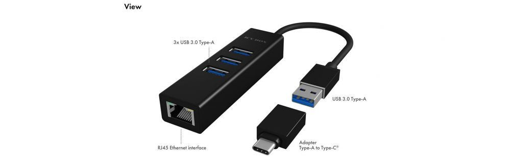 Routers Raidsonic  4 Port Hub with USB 3.0 Type-A, Type-C, Gigabit LAN Icy Box IB-HUB1419-LAN Black