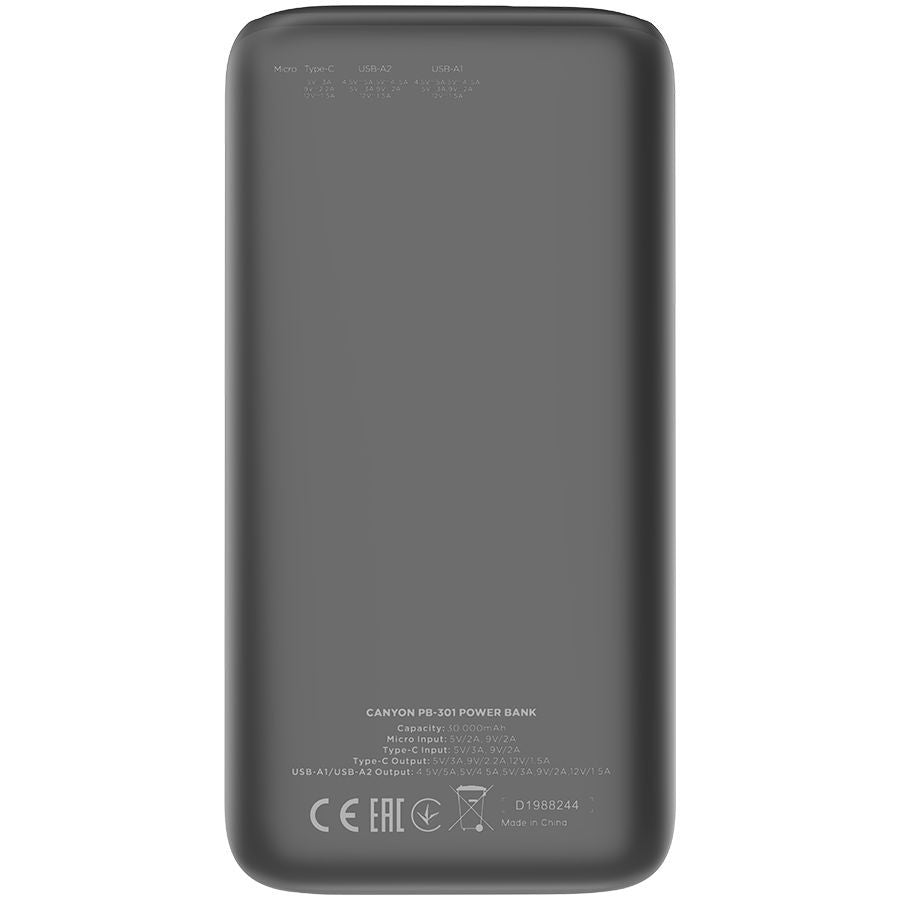 Väline aku Canyon  CANYON power bank PB-301 LED 30000 mAh PD 20W QC 3.0 Black