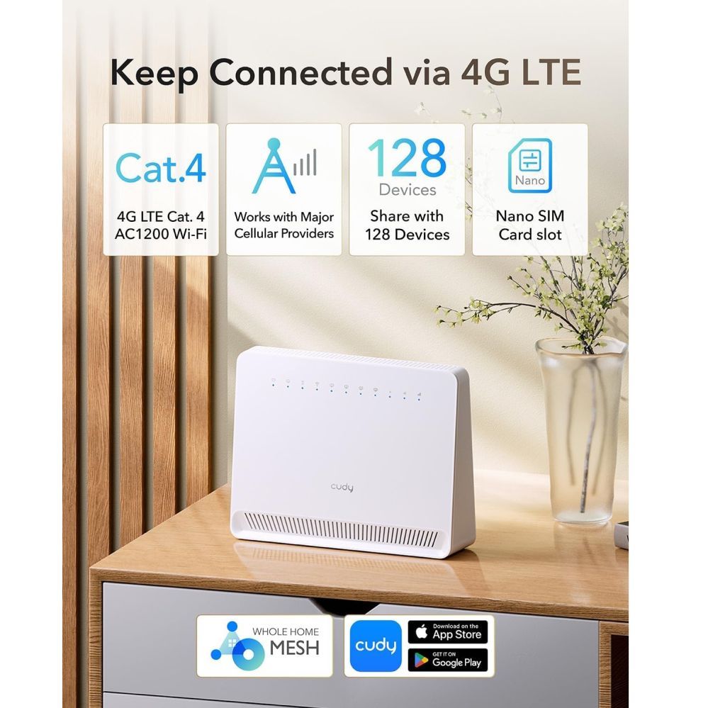 Ruuterid Cudy  LT500ELinkCell AC1200 4G LTE Cat4 Router Dual Band WiFi Nano SIM VPN Mesh Support White
