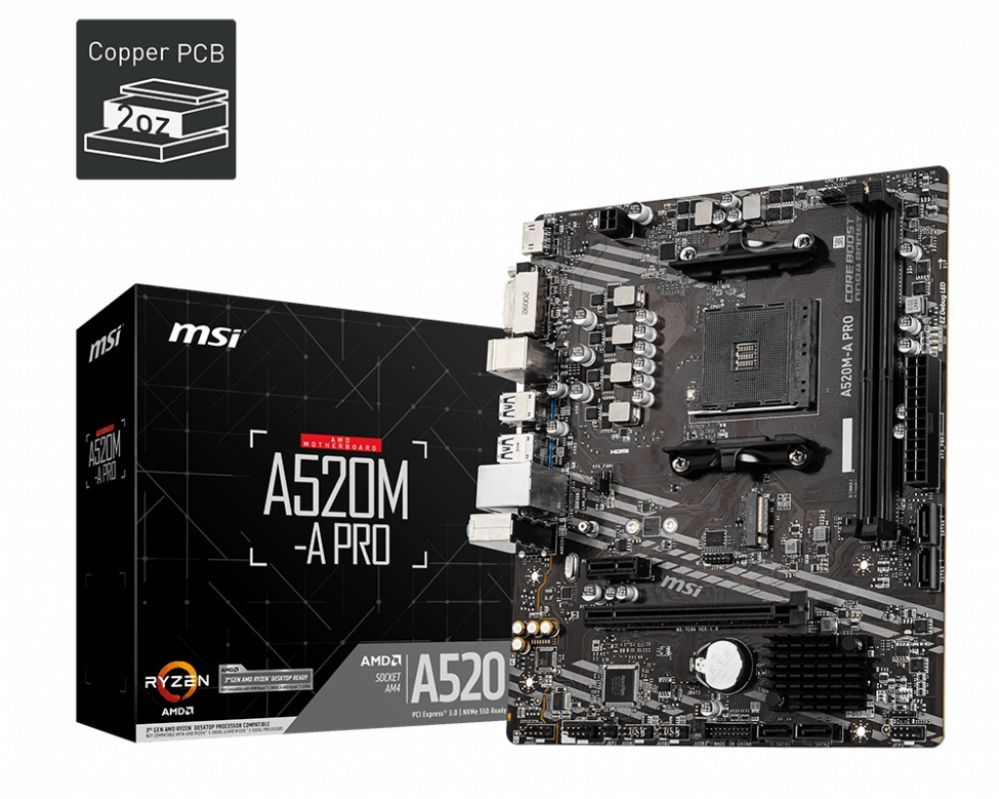 Материнская плата для процессоров Intel MSI  A520M-A PRO Processor family AMD, Processor socket AM4, DDR4, Memory slots 2, Chipset AMD A, Micro ATX