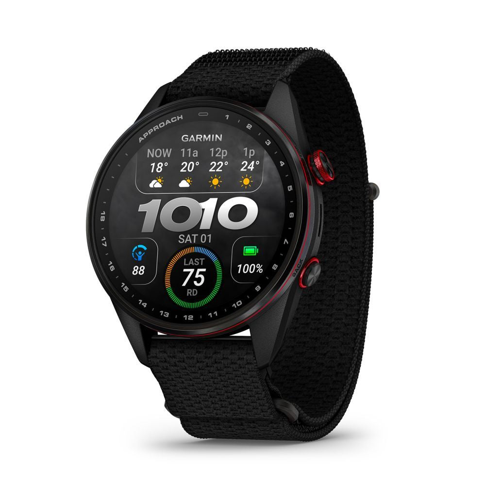 Nutikell Garmin  Approach S72 – 47 mm
Carbon Gray/Red DLC Titanium Bezel with Black ComfortFit Fabric Band