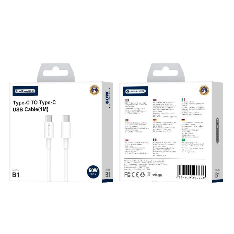 Cable Jellico  B1 Durable-Soft Universal USB-C to USB-C Data & Fast PD 20W Charger Cable 1m White