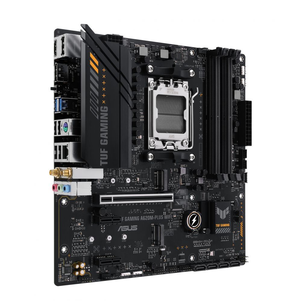 Материнская плата для процессоров Intel Asus  TUF GAMING A620M-PLUS WIFI Processor family AMD, Processor socket AM5, DDR5 DIMM, Memory slots 4, Supported hard disk drive interfaces 	SATA, M.2, Number of SATA connectors 4, Chipset AMD A620,  Micro-ATX