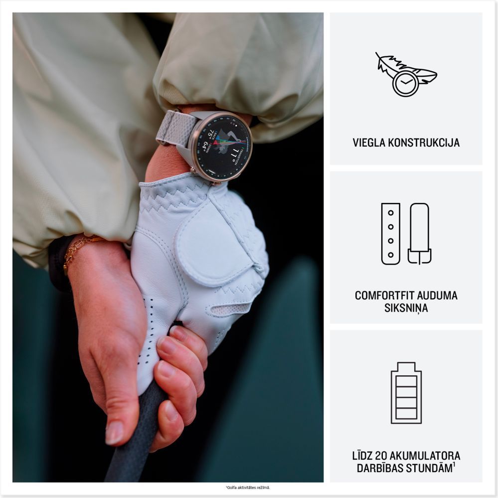 Nutikell Garmin  Approach S72 – 43 mm
Soft Gold/Blush Pink Titanium Bezel with French Grey/Blush Pink ComfortFit Fabric Band