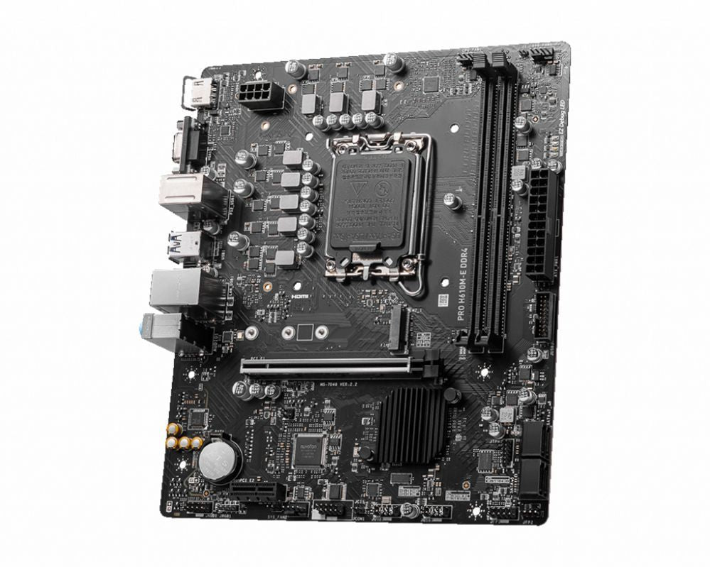 Материнская плата для процессоров Intel MSI  PRO H610M-E DDR4 Processor family Intel, Processor socket  LGA1700, DDR4 DIMM, Memory slots 2, Supported hard disk drive interfaces 	SATA, M.2, Number of SATA connectors 4, Chipset Intel H610, Mirco-ATX