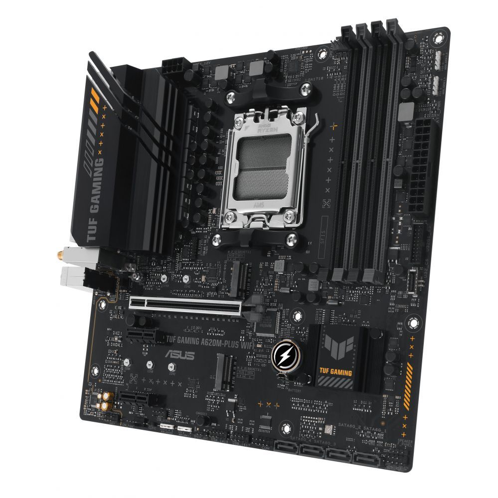 Материнская плата для процессоров Intel Asus  TUF GAMING A620M-PLUS WIFI Processor family AMD, Processor socket AM5, DDR5 DIMM, Memory slots 4, Supported hard disk drive interfaces 	SATA, M.2, Number of SATA connectors 4, Chipset AMD A620,  Micro-ATX