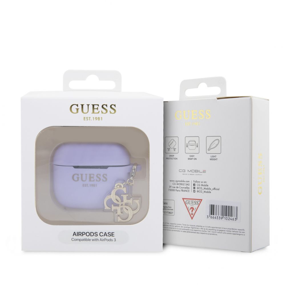 Headphone case Guess - Airpods 3 Case Silicone Classic Logo Gold With 4G Charm Purple