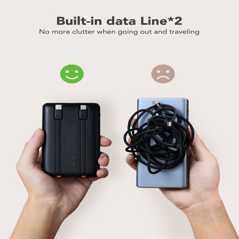 Väline aku Veger  Powerbank Veger C11 (W1170) PD QC3.0 2A 22,5W 10000 mAh with built-in cables USB C / Lightning black