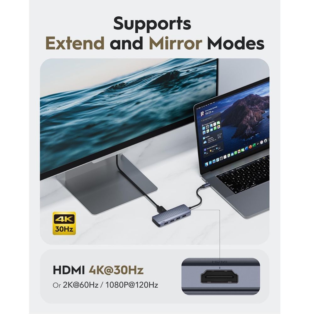 Роутер Cudy  UH500 PortMate USB-C 6-in-1 Hub 4K 30Hz HDMI USB-C PD 4x USB-A 3.0 Aluminum Grey