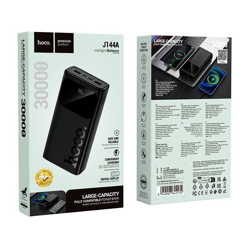 Внешний аккумулятор Hoco  J144A Hymn power bank(30000mAh) SB-A1/USB-A2: 5V/2A USB-C/Micro: 5V/2A Black