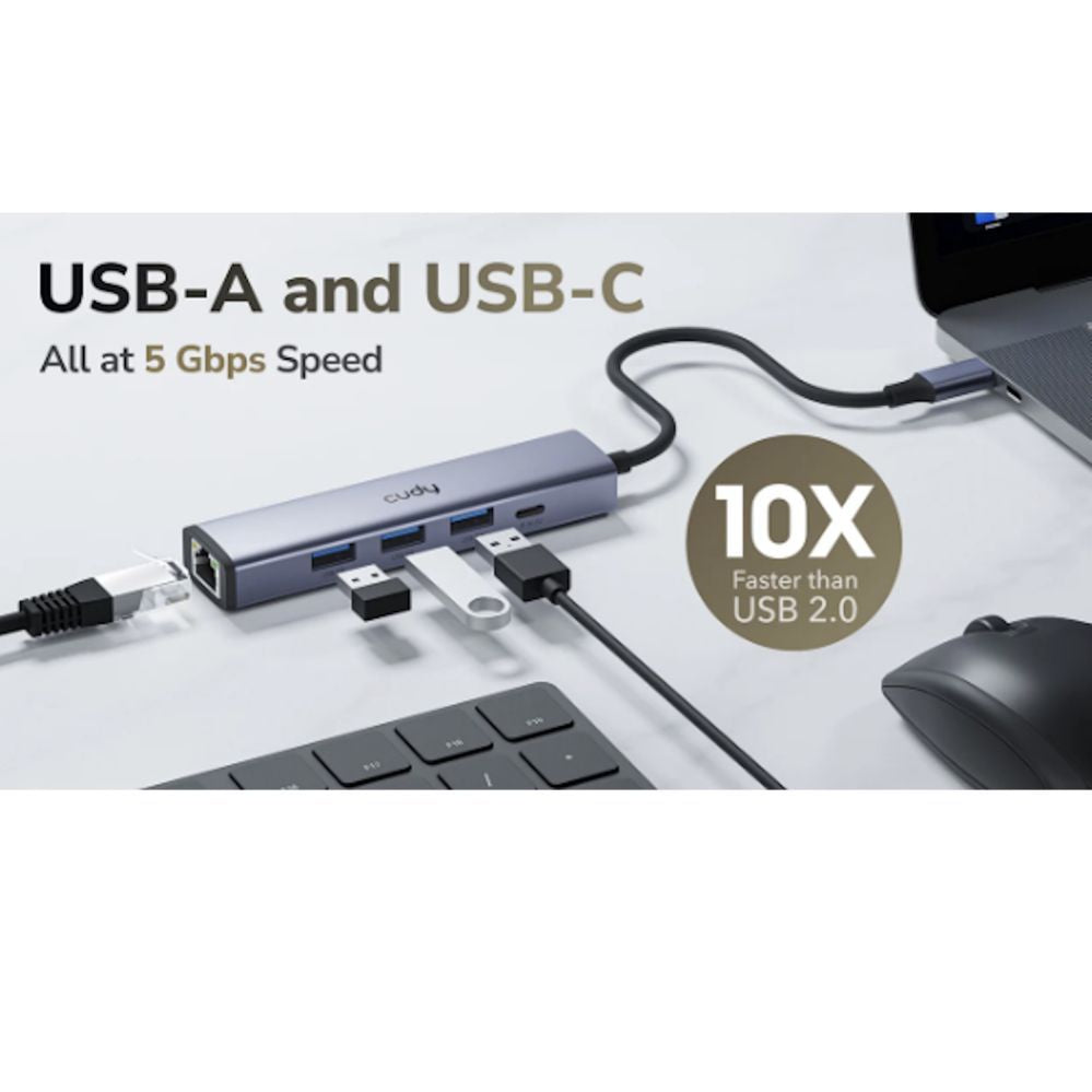 Ruuterid Cudy  UH605 USB-C 5-in-1 Hub Gigabit LAN 3x USB-A 3.0 Power Input Aluminum Grey