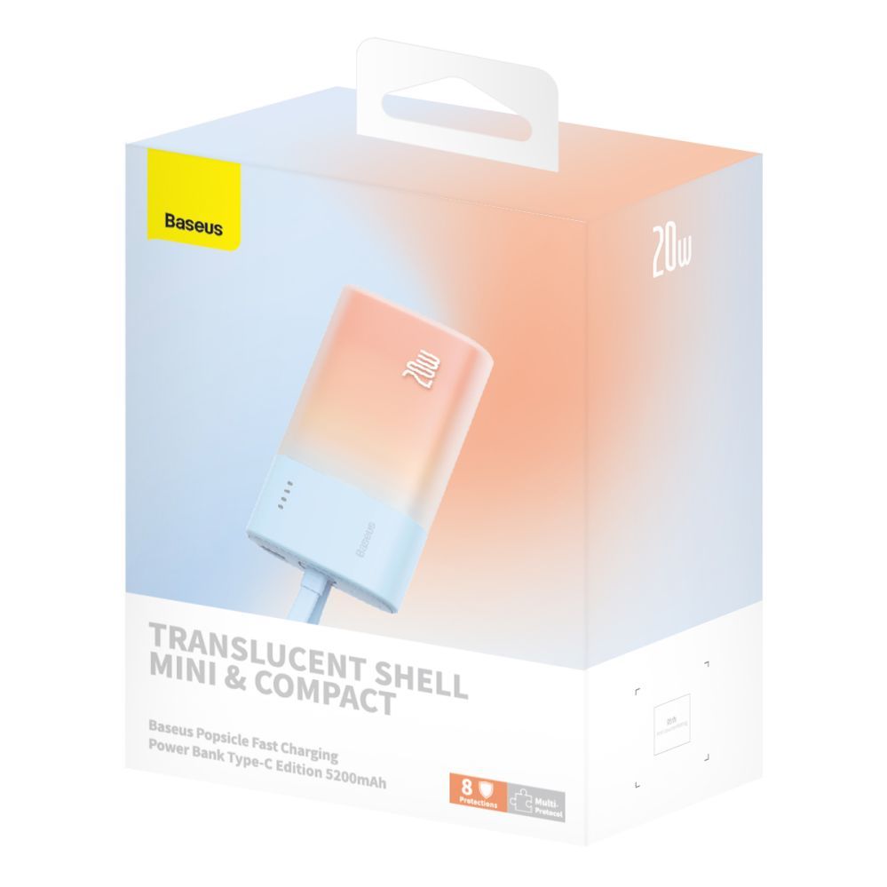 Väline aku Baseus  Baseus Popsicle 5200mAh 20W Powerbank with Built-in Lightning Cable (+ White Baseus Simple USB-C - USB-C 60W/20V/3A/30cm Cable) - Blue-Orange