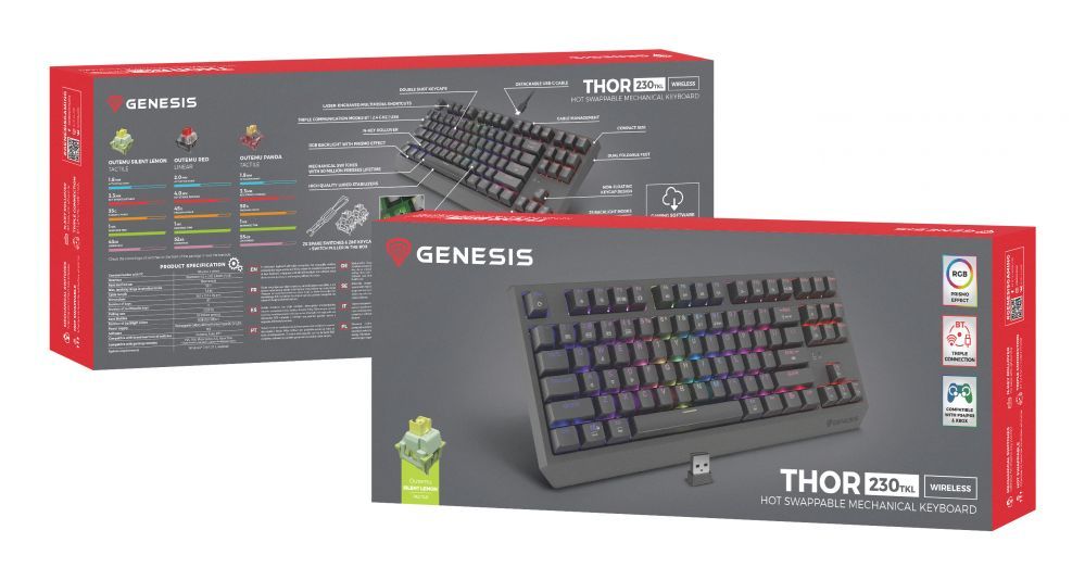 Компьютерная клавиатура Genesis  THOR 230 | Mechanical Gaming Keyboard | Wireless | US | Black | 2.4 GHz, Bluetooth, USB | Outemu Silent Lemon