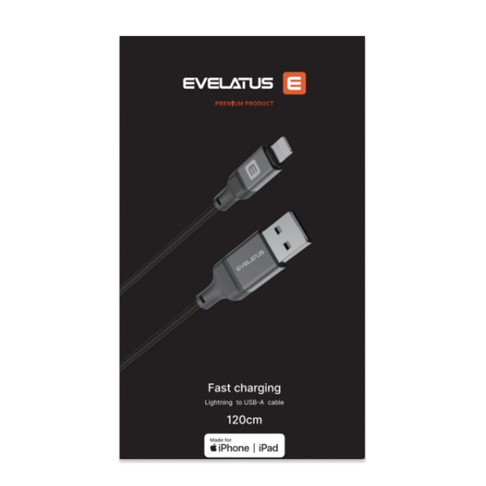 Cable Evelatus  USB A to  Lightning, Cable 1.2M (MFI11CL) Aluminum housing braiding Black