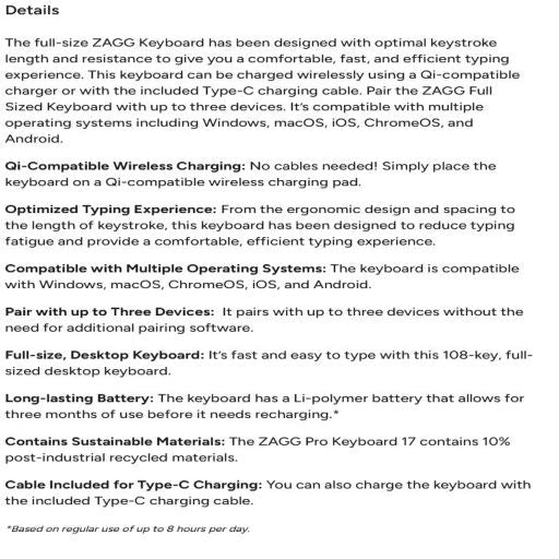 Другой аксессуар для компьютера Zagg  ZAGG Pro Keyboard 17" Full Size-Charcoal-Nordic (wireless charging on mat)