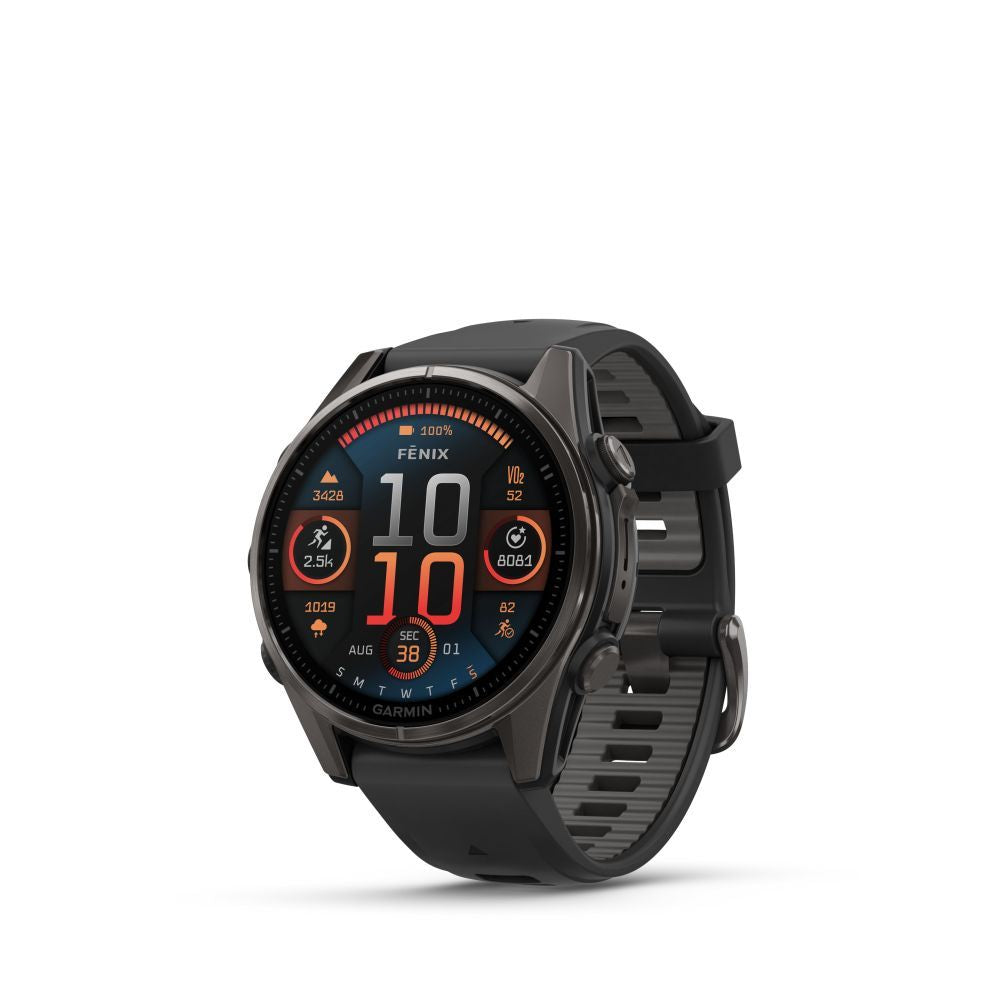 Nutikell Garmin  Fenix 8 – 43 mm, AMOLED Sapphire, Carbon grey DLC titanium with Black/pebble grey silicone band/ 010-02903-21