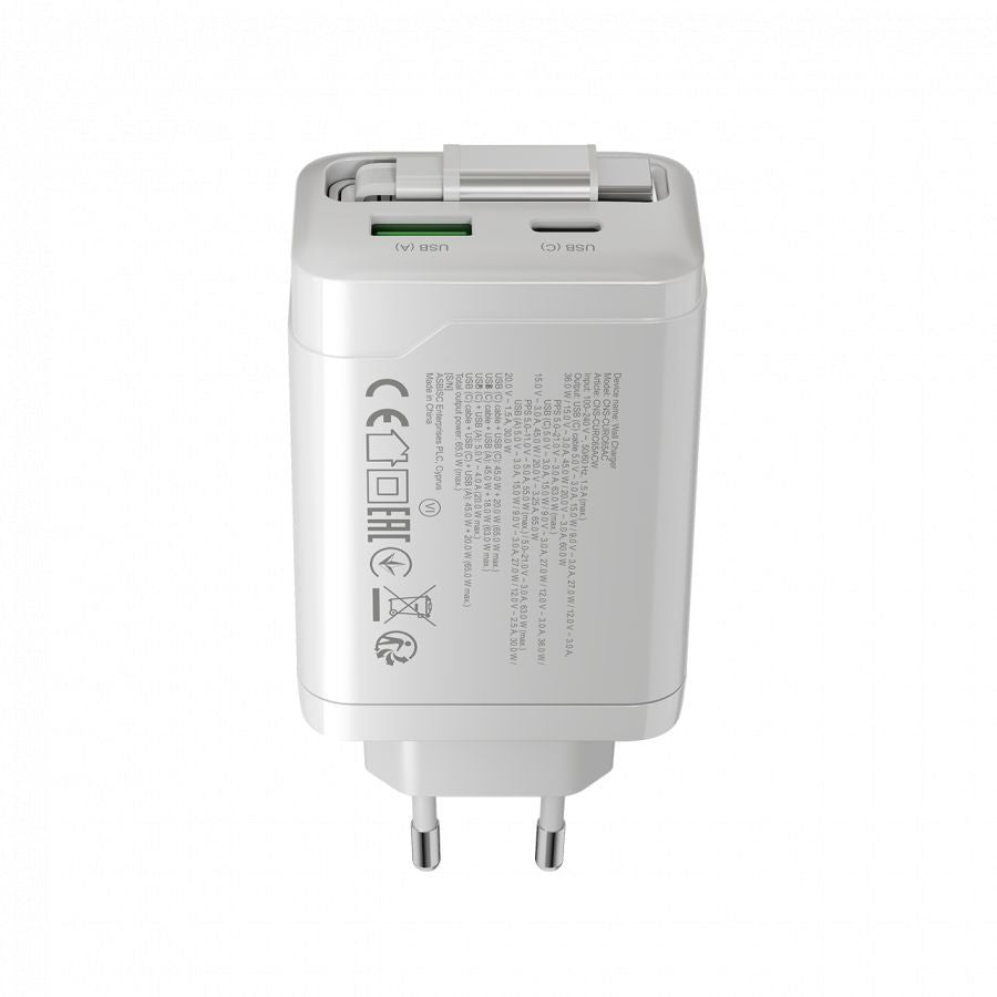 Adaptrid Canyon  CANYON charger OnCharge 65RC Build-In Cable USB-C 65W 1xPD 1xQC EU White