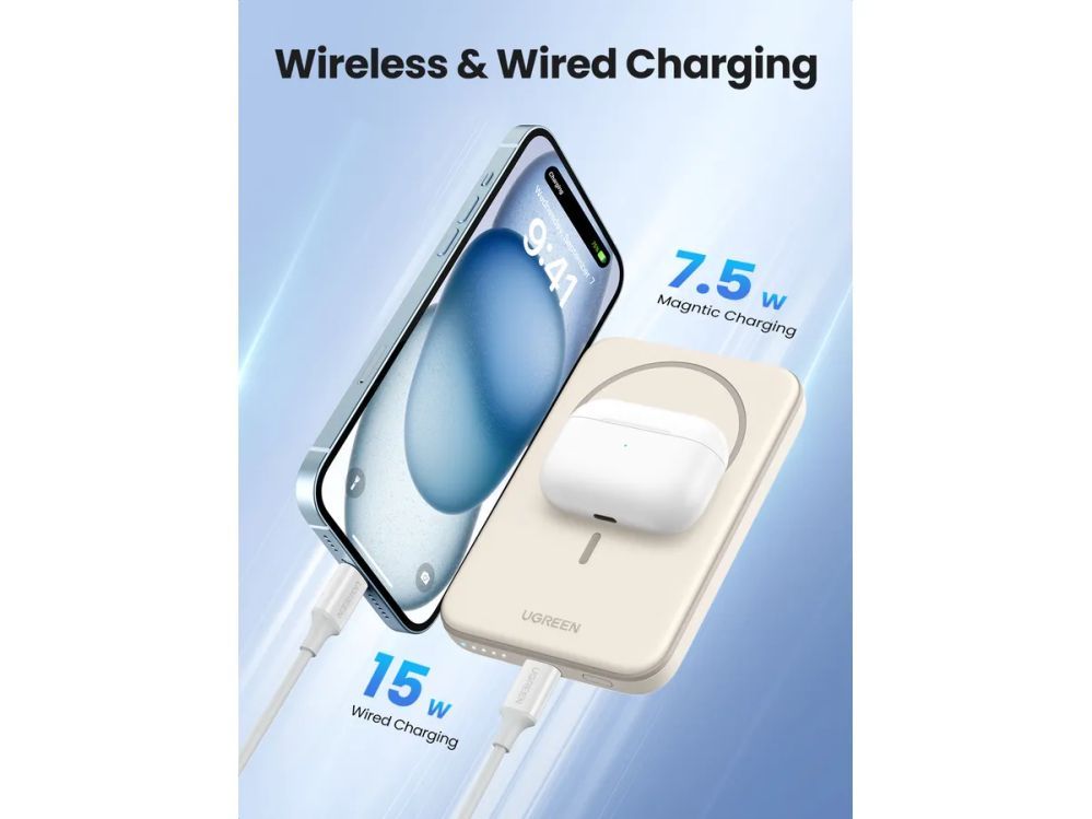Juhtmeta laadija Ugreen  Magnetic Power Bank 5000mAh 25207 15W, Wireless, Beige Beige