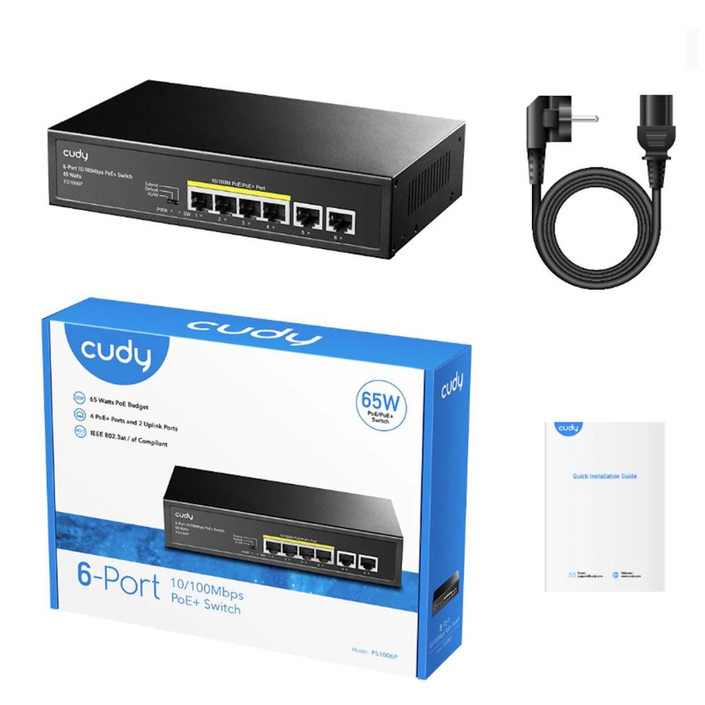 Роутер Cudy  FS1006P NetPower 6-Port 100M PoE+ Switch 4×30W PoE CCTV Mode 250m Watchdog Steel Black