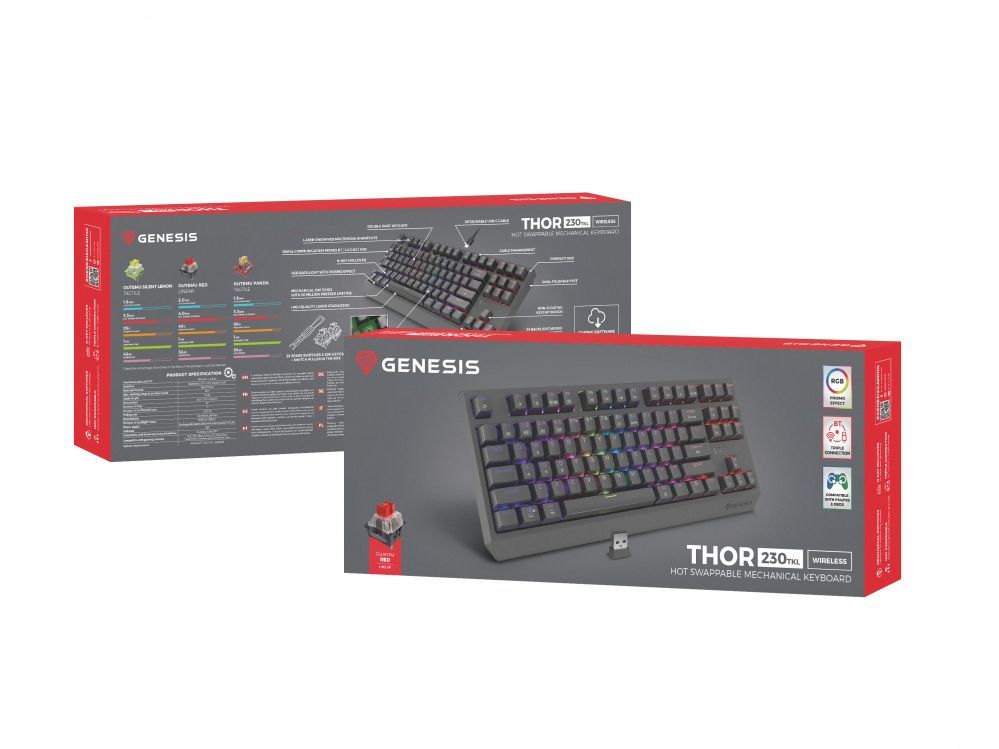 Arvuti klaviatuur Genesis  THOR 230 | Mechanical Gaming Keyboard | Wireless | US | Black | 2.4 GHz, Bluetooth, USB | Outemu Red