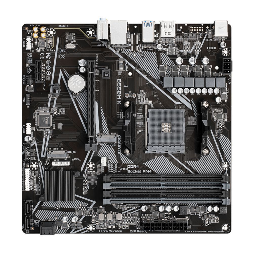 Материнская плата для процессоров Intel Gigabyte  B550M K 1.0 M/B Processor family AMD, Processor socket AM4, DDR4 DIMM, Memory slots 4, Supported hard disk drive interfaces 	SATA, M.2, Number of SATA connectors 4, Chipset AMD B550, Micro ATX