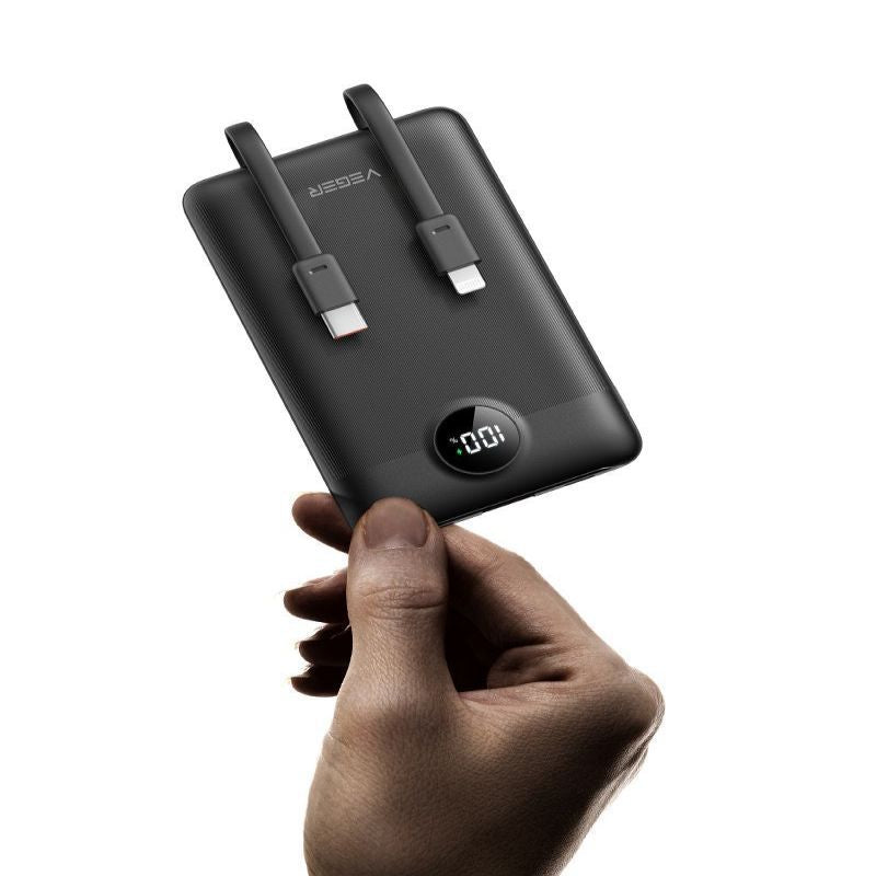 Väline aku Veger  Powerbank Veger C11 (W1170) PD QC3.0 2A 22,5W 10000 mAh with built-in cables USB C / Lightning black