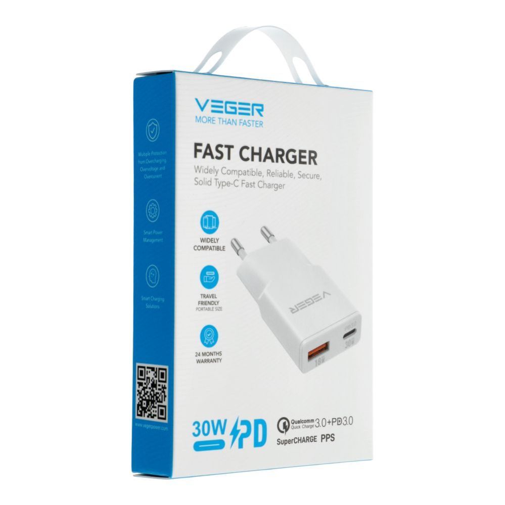 Adaptrid Veger  Phone charger VEGER USB A + USB C QC PD 30W 30W1A1C white